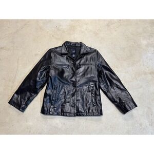 Vintage Gap Jacket Women Large Black Leather Sleek Button Up Blazer Bomber 90s